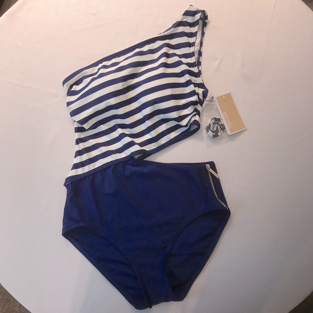 MICHAEL Michael Kors Blue and White Stripe One Shoulder Swimsuit 2X Host… - Picture 3 of 7